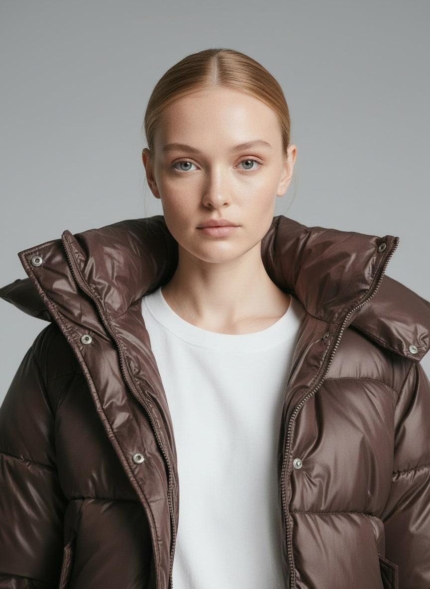 Close-up of the model wearing Mina Puffer Jacke