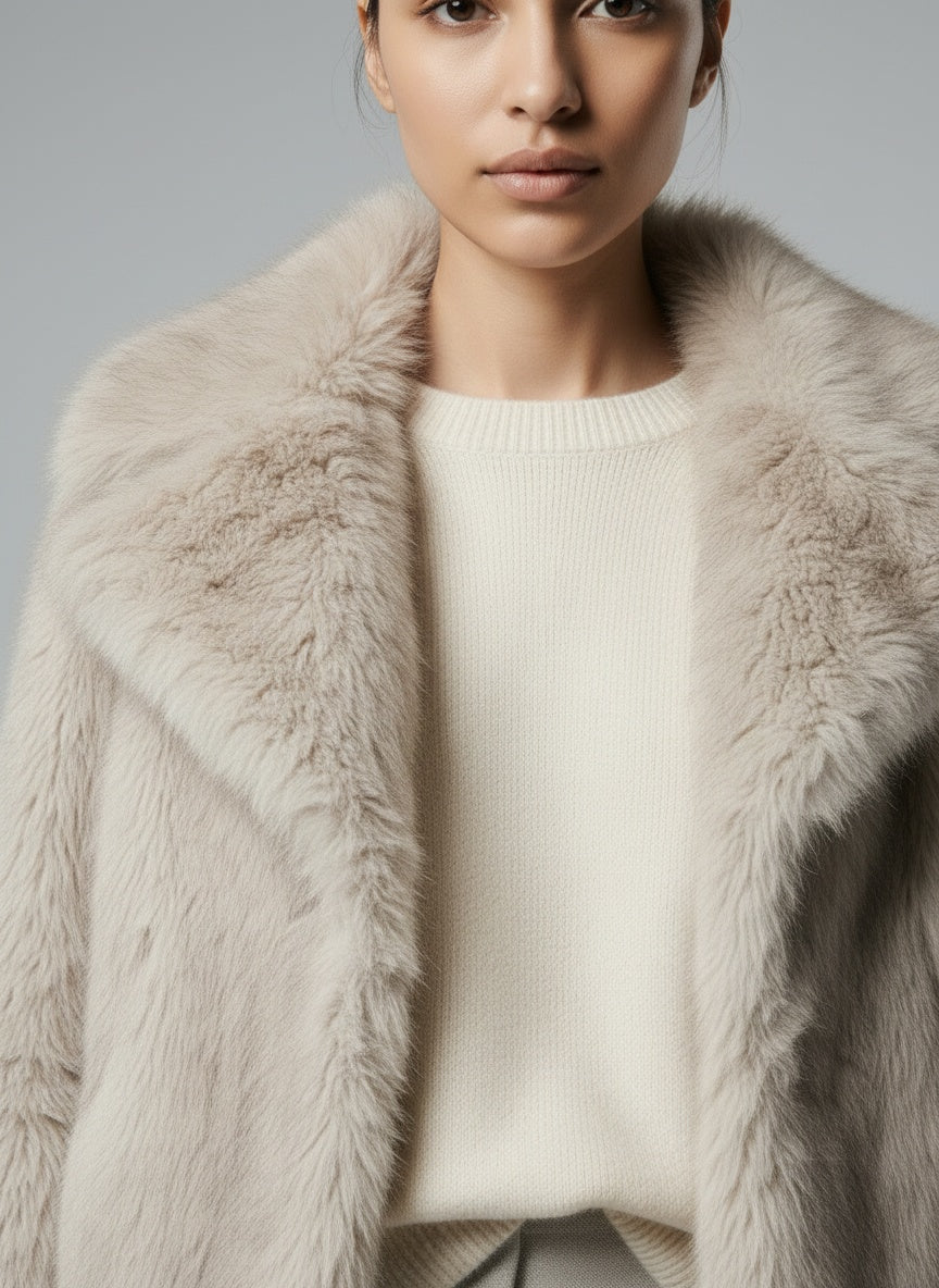 Close-up of the model wearing Viktoria™ | Pelzmantel