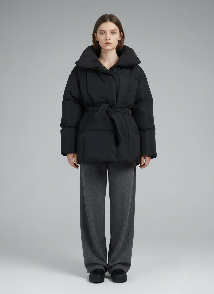 Full body view of the model wearing Elina™ | Gesteppte Kurzjacke mit Taillengürtel