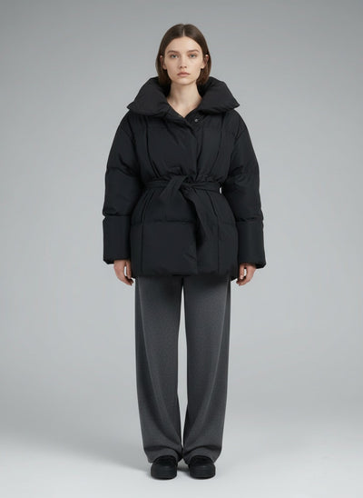 Full body view of the model wearing Elina™ | Gesteppte Kurzjacke mit Taillengürtel