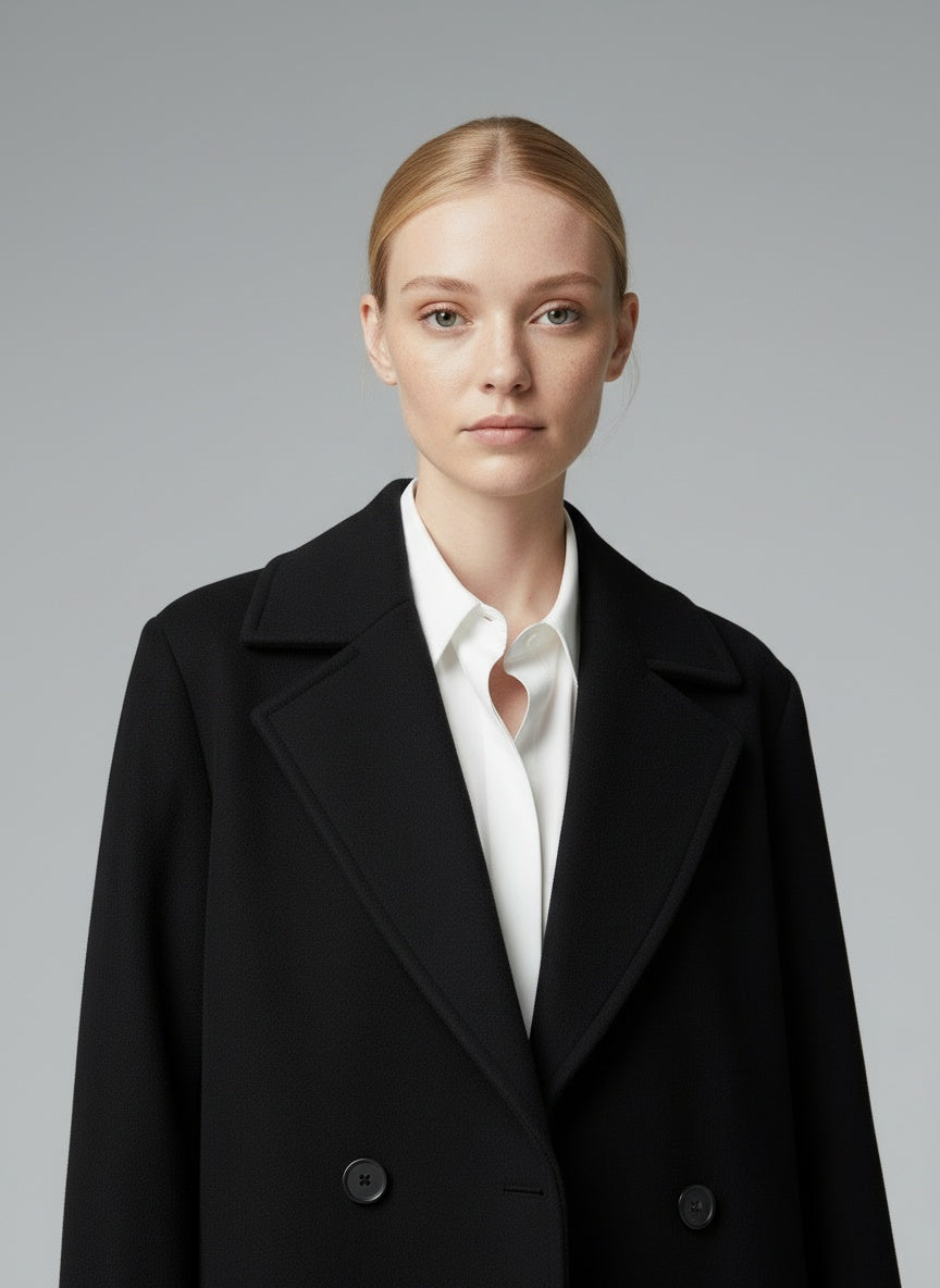 Close-up of the model wearing Isabelle Hart™ | Raffinierter Mantel