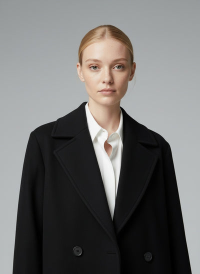 Close-up of the model wearing Isabelle Hart™ | Raffinierter Mantel