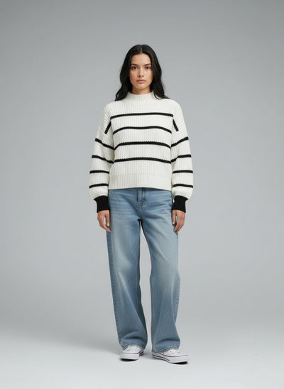 Full body view of the model wearing Lina | Gestreiftes Damenpullover