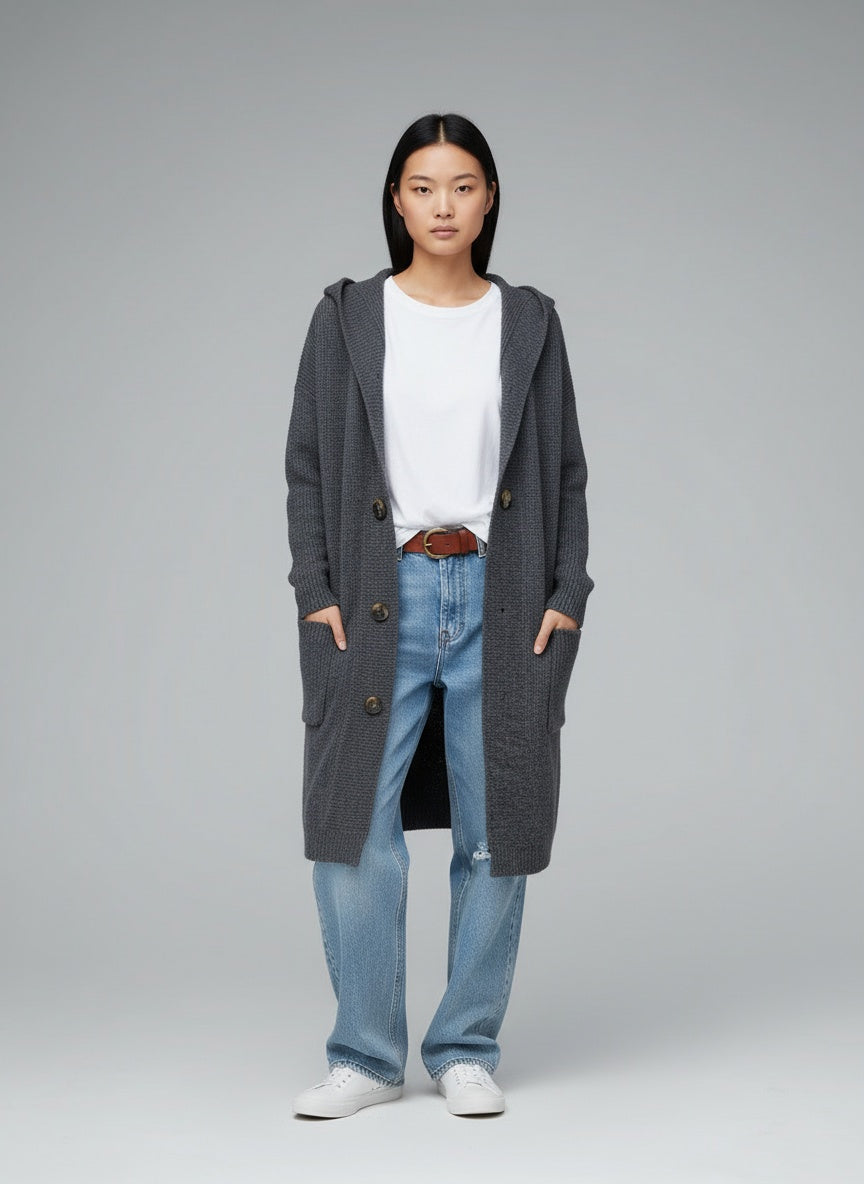 Full body view of the model wearing Saga™ | Elegante lange Strickjacke