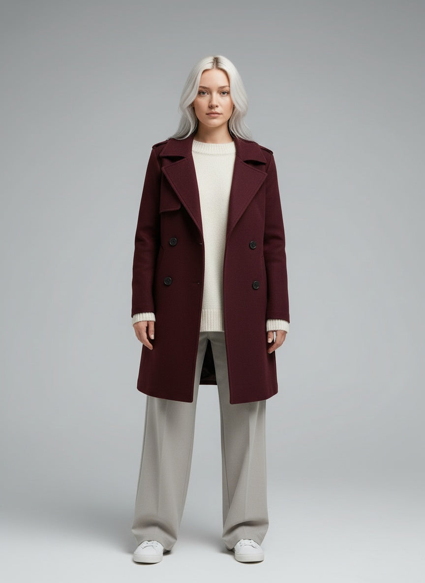 Full body view of the model wearing Amalia | Weinrot Trenchcoat