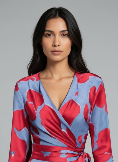 Close-up of the model wearing Viraelis - Bunte Blumenkleid