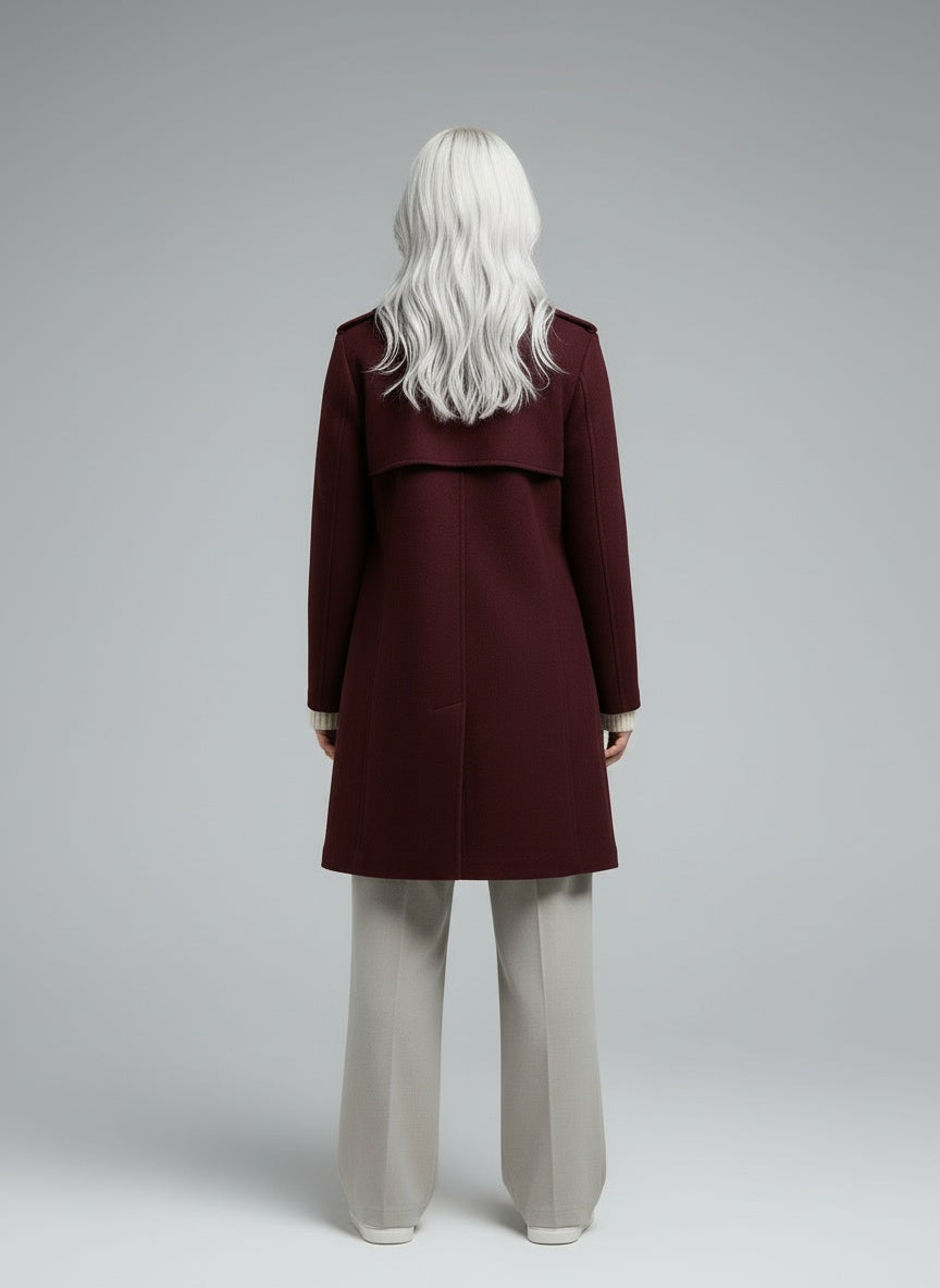 Back pose of the model wearing Amalia | Weinrot Trenchcoat