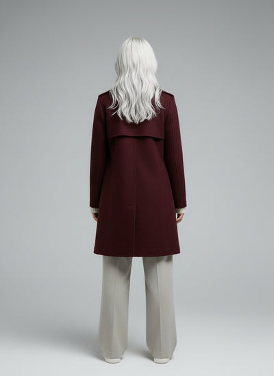 Back pose of the model wearing Amalia | Weinrot Trenchcoat