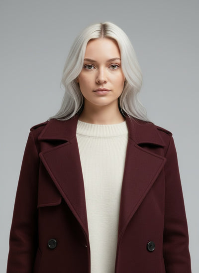 Close-up of the model wearing Amalia | Weinrot Trenchcoat