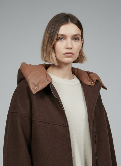 Close-up of the model wearing Alena Jacke