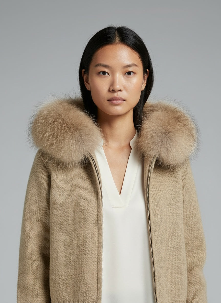 Close-up of the model wearing Lenora | Strickmantel mit Fellkragen