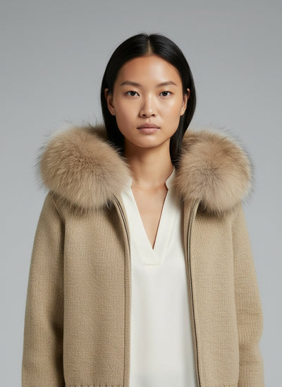 Close-up of the model wearing Lenora | Strickmantel mit Fellkragen