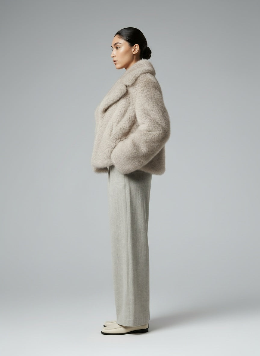 Side profile of the model wearing Viktoria™ | Pelzmantel