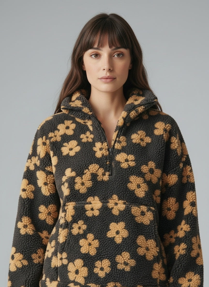 Close-up of the model wearing Daisy | Geblümter Warmer Fleecepullover