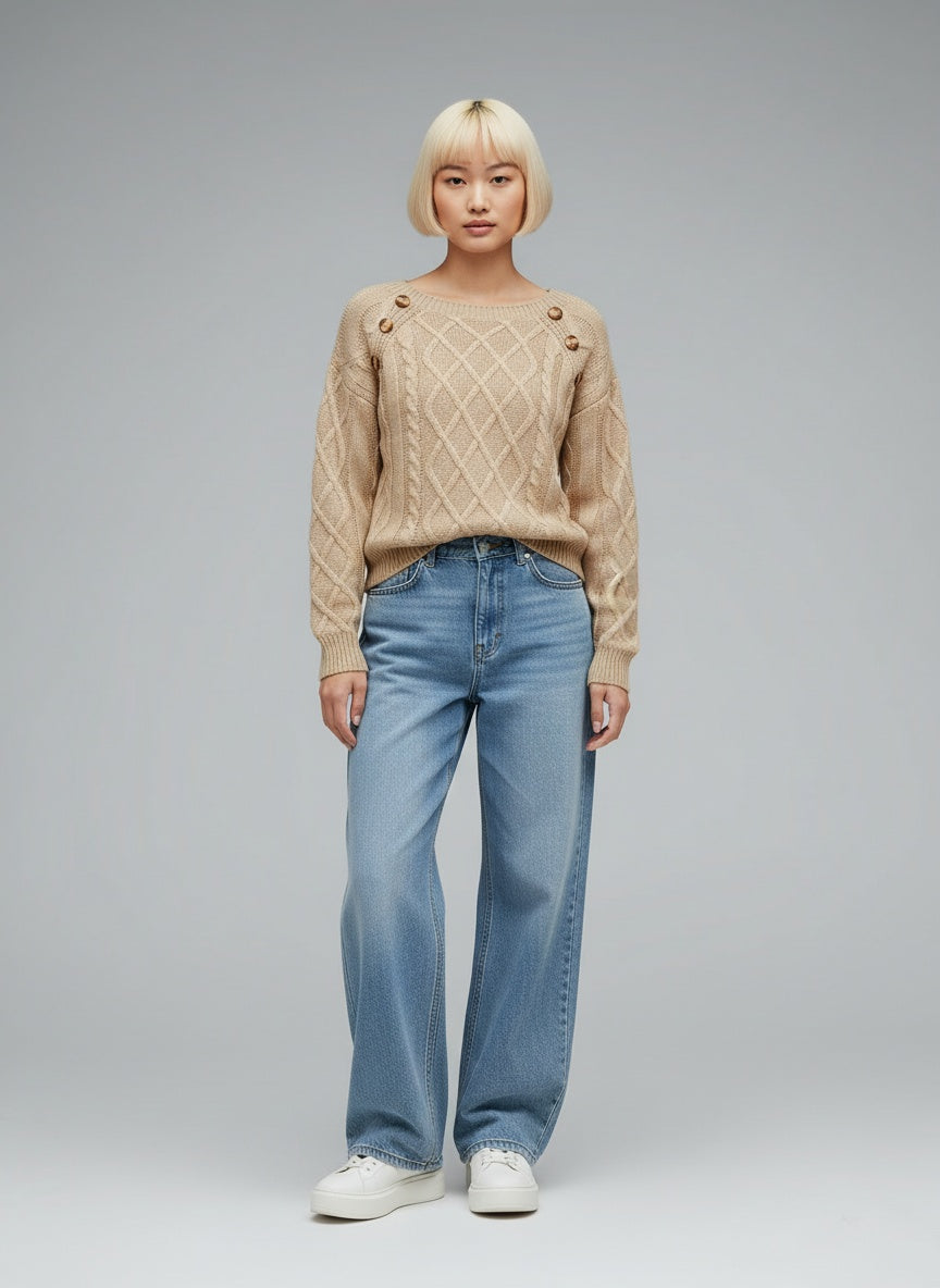 Full body view of the model wearing Lotte | Edle Kabelzugstrick-Winterpullover