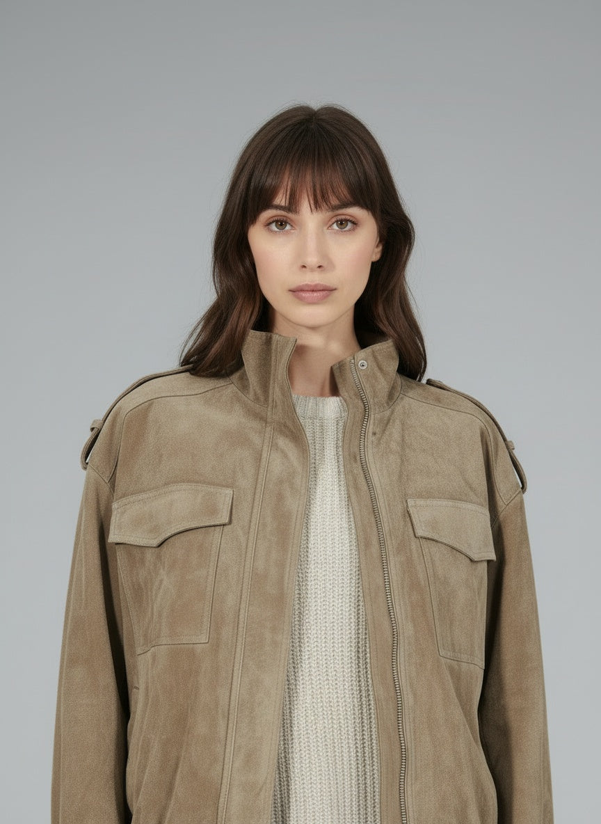 Close-up of the model wearing Sophia™ | Wildlederjacke Marble Sand