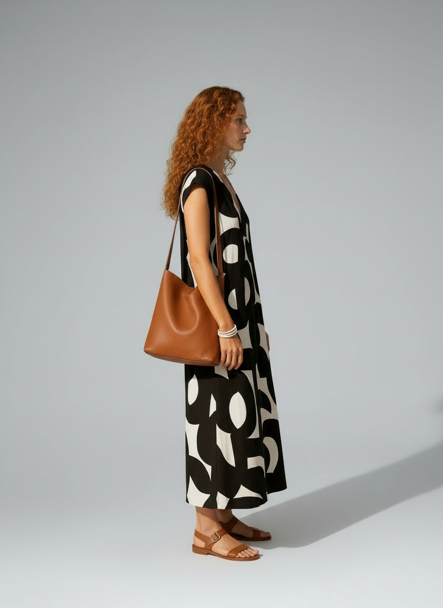 Side profile of the model wearing Valérie | Fließendes Kleid mit V-Ausschnitt