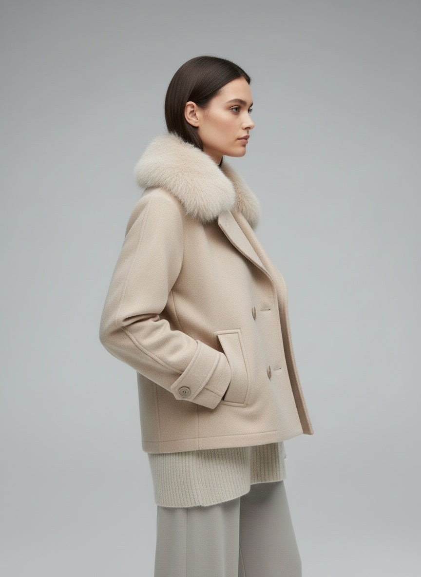 Side profile of the model wearing Eva Jacke mit Kunstpelz Kapuze