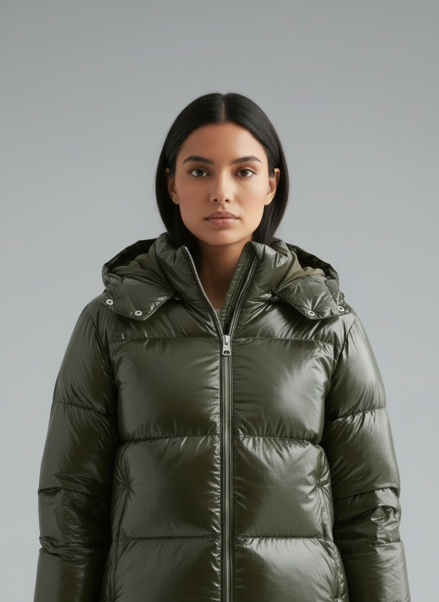 Close-up of the model wearing Noemi Puffer Jacke mit Kapuze