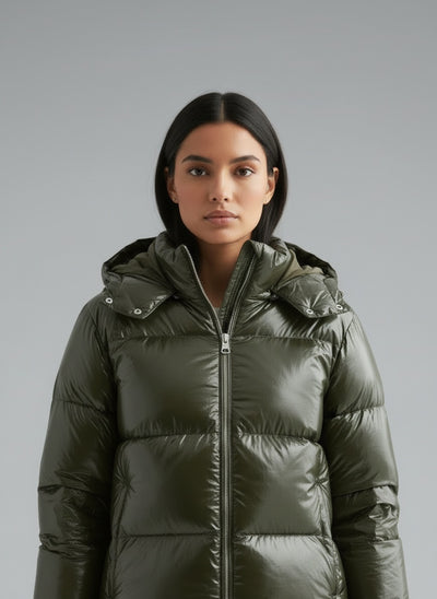 Close-up of the model wearing Noemi Puffer Jacke mit Kapuze