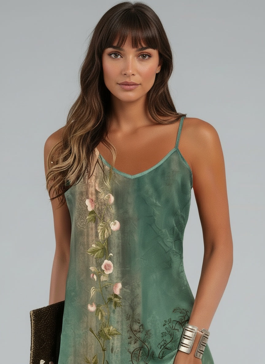 Close-up of the model wearing Ärmelloses Kleid mit Blumenmuster und doppelten Trägern