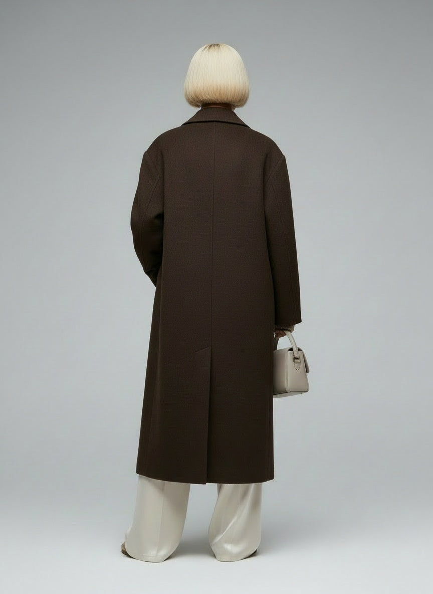 Back pose of the model wearing Lauren Mantel