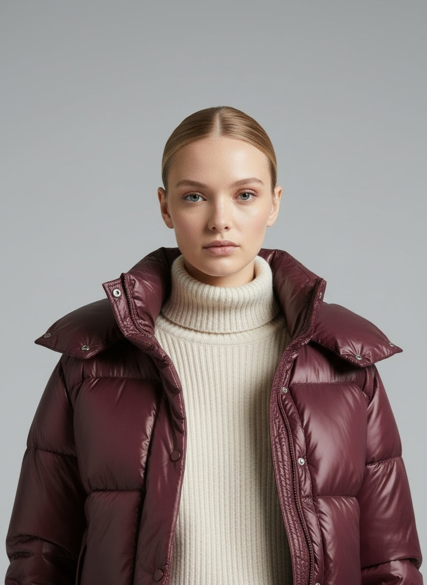 Close-up of the model wearing Mina Puffer Jacke