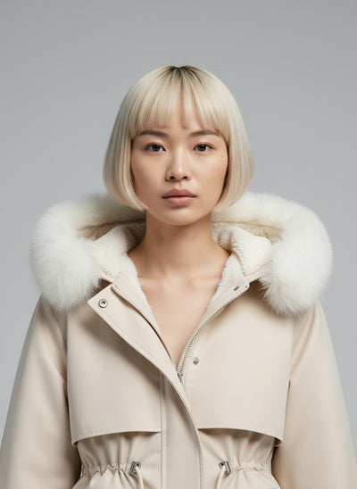 Close-up of the model wearing Marlen™ | Eleganter Wintermantel