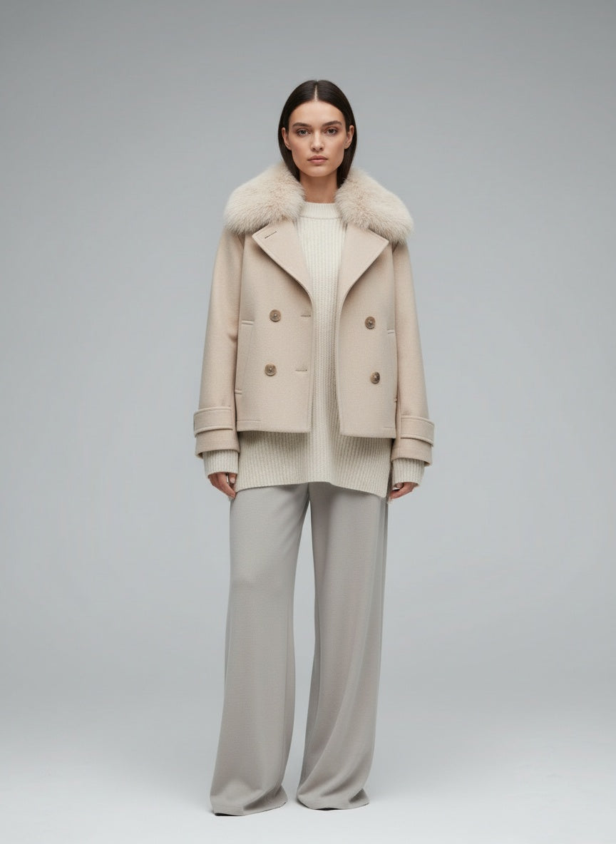 Full body view of the model wearing Eva Jacke mit Kunstpelz Kapuze