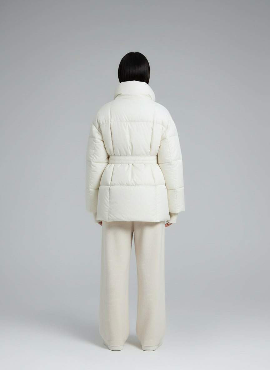 Back pose of the model wearing Anneliese | Steppjacke mit Gürtel