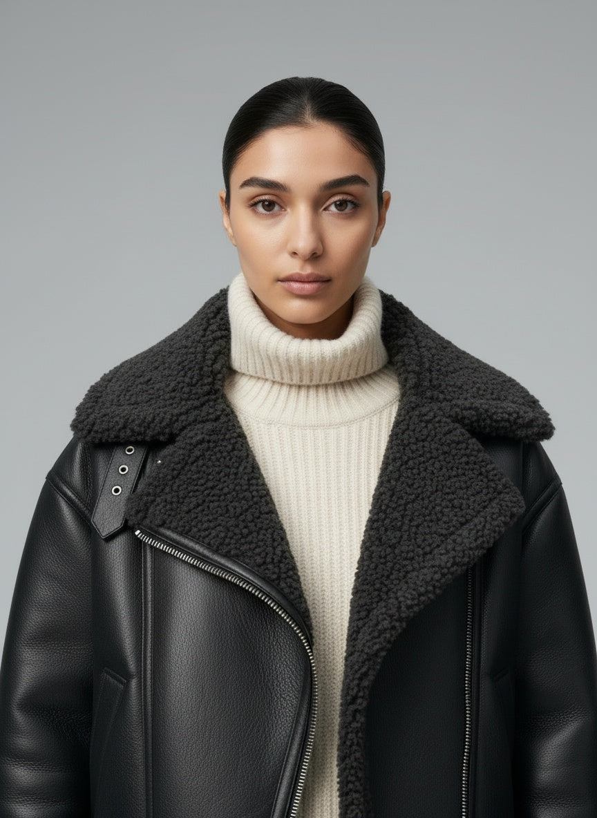 Close-up of the model wearing Elvira | Belted Shearling Coat