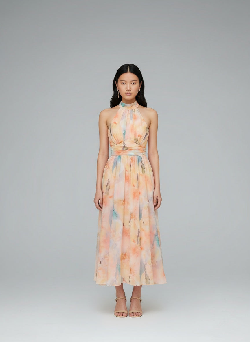 Full body view of the model wearing Naomi™ | Elegantes tailliertes Aquarell-Druck Kleid