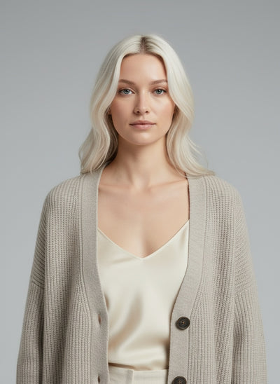 Close-up of the model wearing Lina™ | Gerippte Strickjacke mit Knöpfen