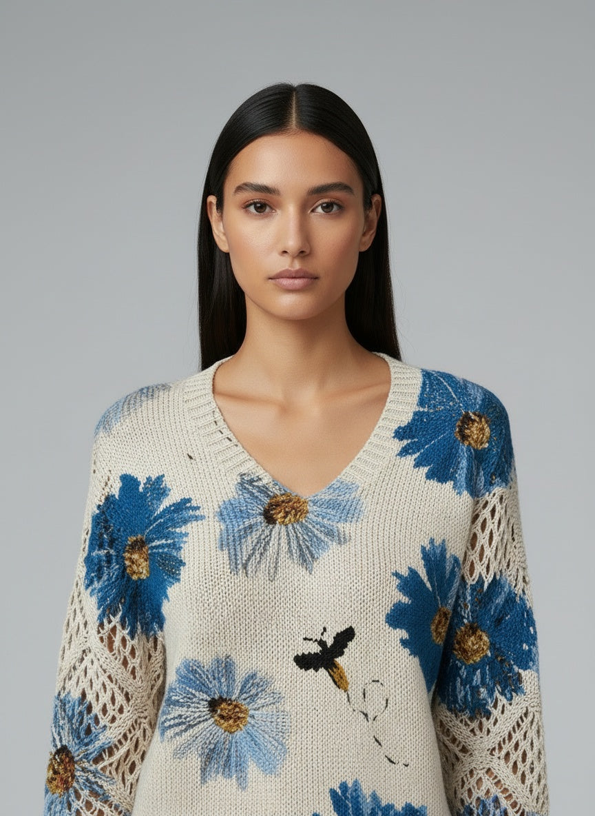 Close-up of the model wearing Annelies™ | Elegante Pullover mit Blumenmuster