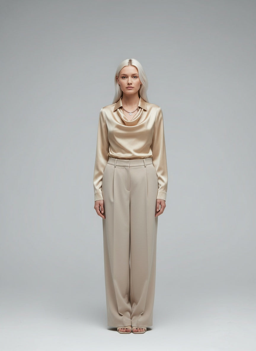 Full body view of the model wearing Sylvie | Bluse mit luxuriösem Glanz und Faltenkragen