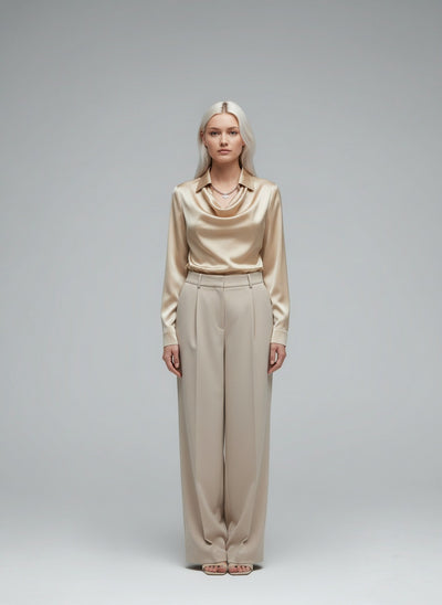 Full body view of the model wearing Sylvie | Bluse mit luxuriösem Glanz und Faltenkragen