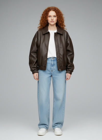 Full body view of the model wearing Amara™ | Kunstlederjacke