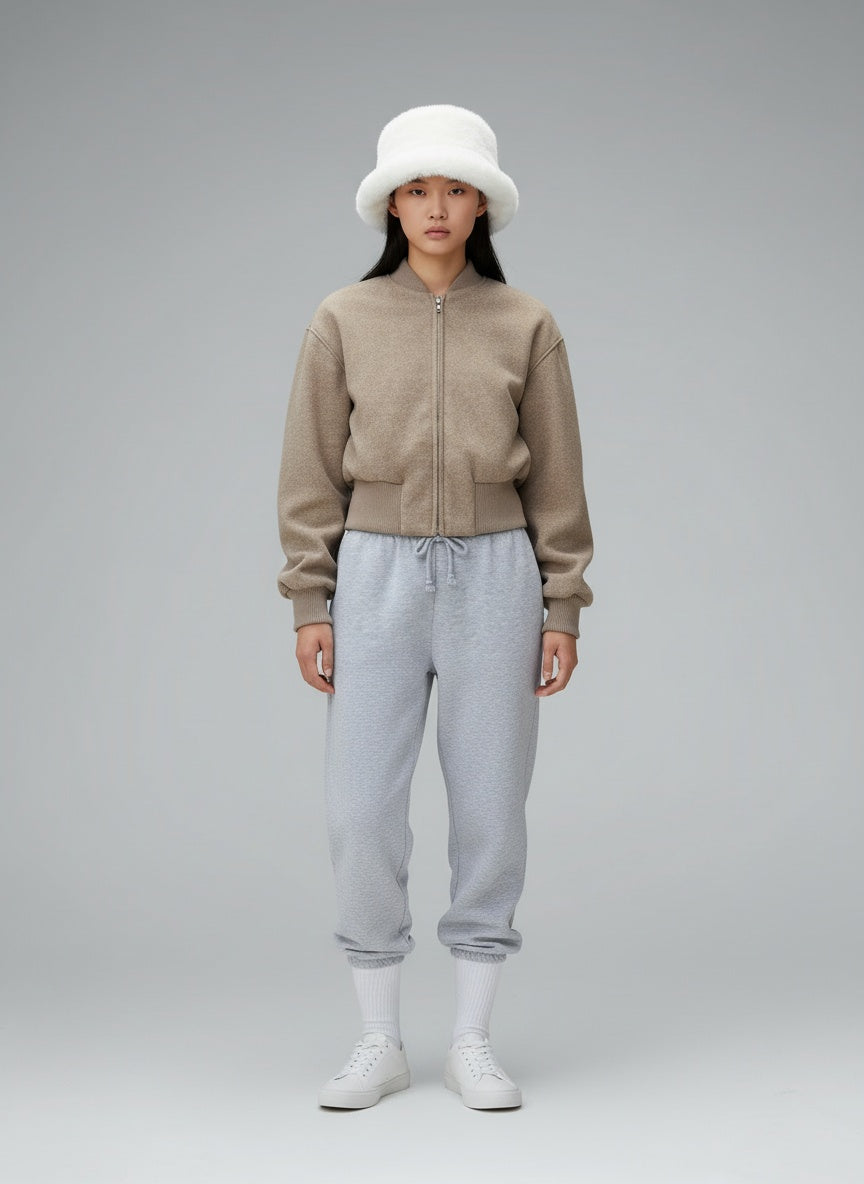 Full body view of the model wearing Sophie | Kurzgeschnittene Wolljacke