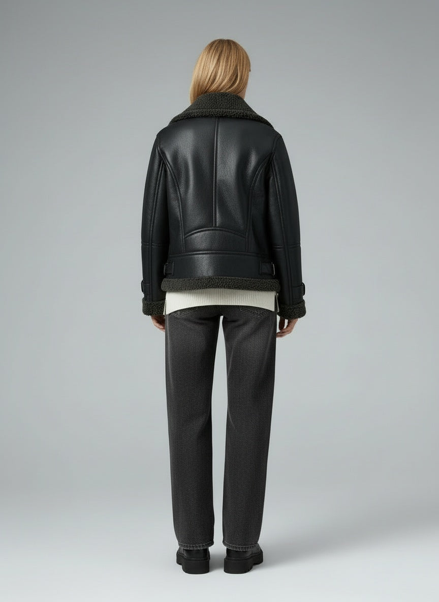 Back pose of the model wearing Pina Lederjacke