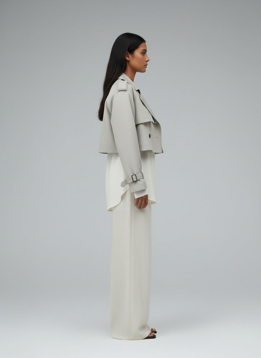 Side profile of the model wearing City Sleek | Stadtrischer Trenchcoat