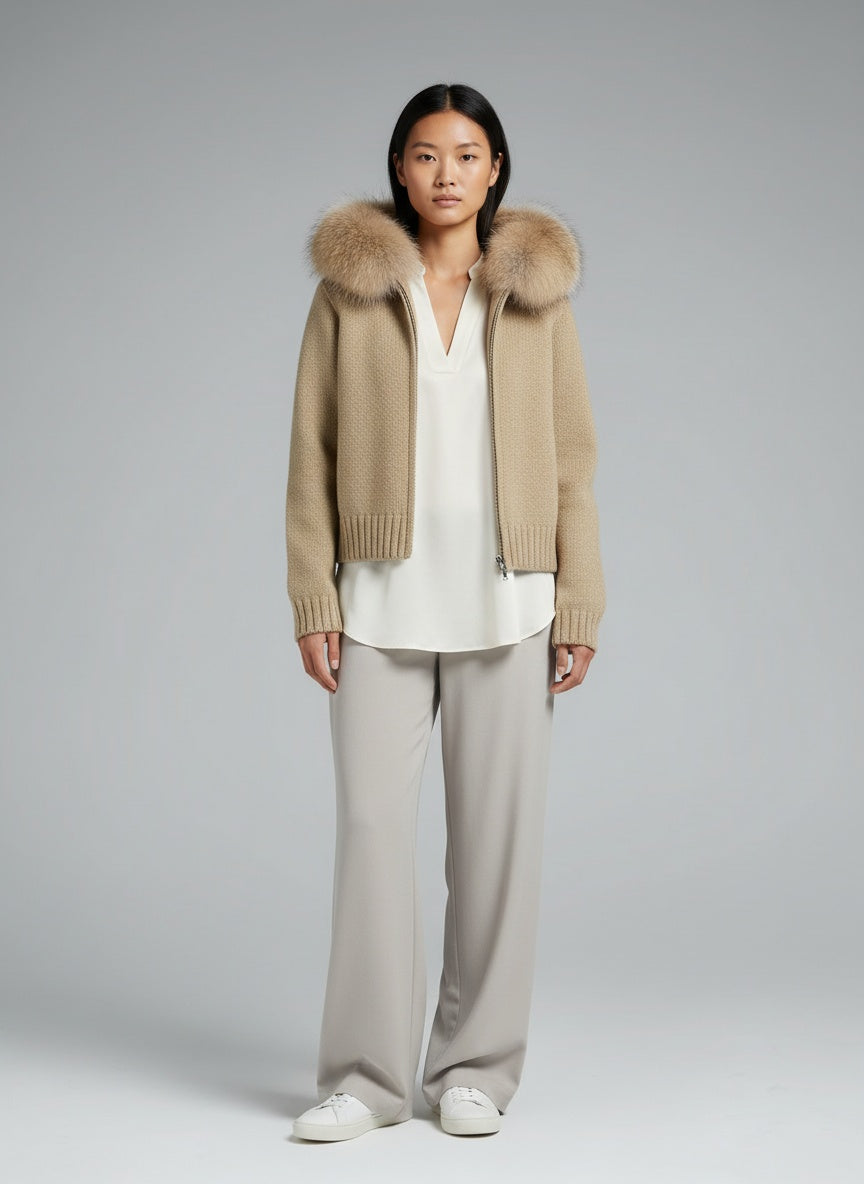 Full body view of the model wearing Lenora | Strickmantel mit Fellkragen