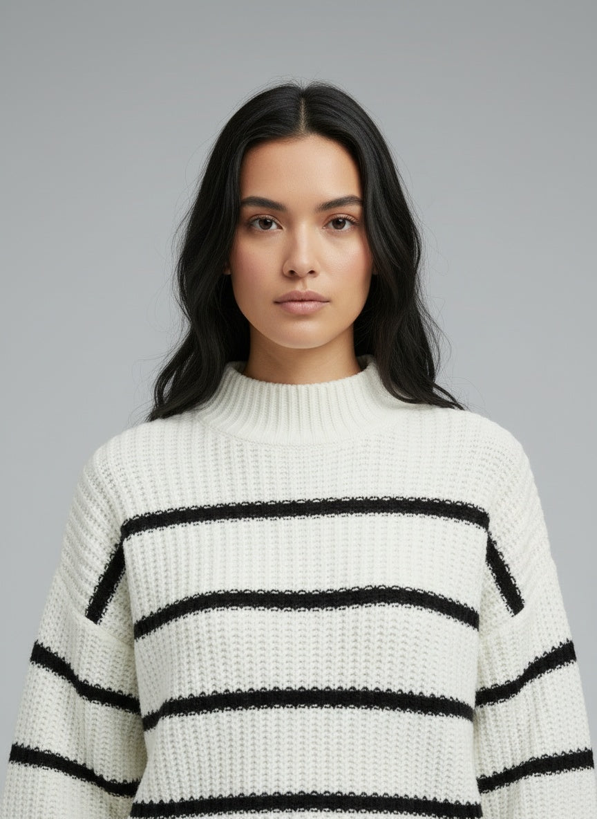 Close-up of the model wearing Lina | Gestreiftes Damenpullover