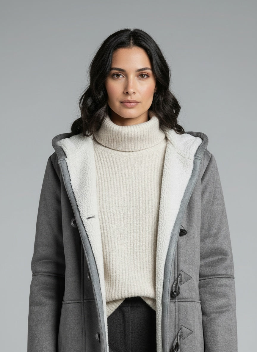 Close-up of the model wearing Claire™ | Wintermantel mit Fleece-Futter