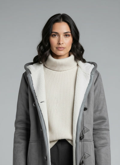 Close-up of the model wearing Claire™ | Wintermantel mit Fleece-Futter