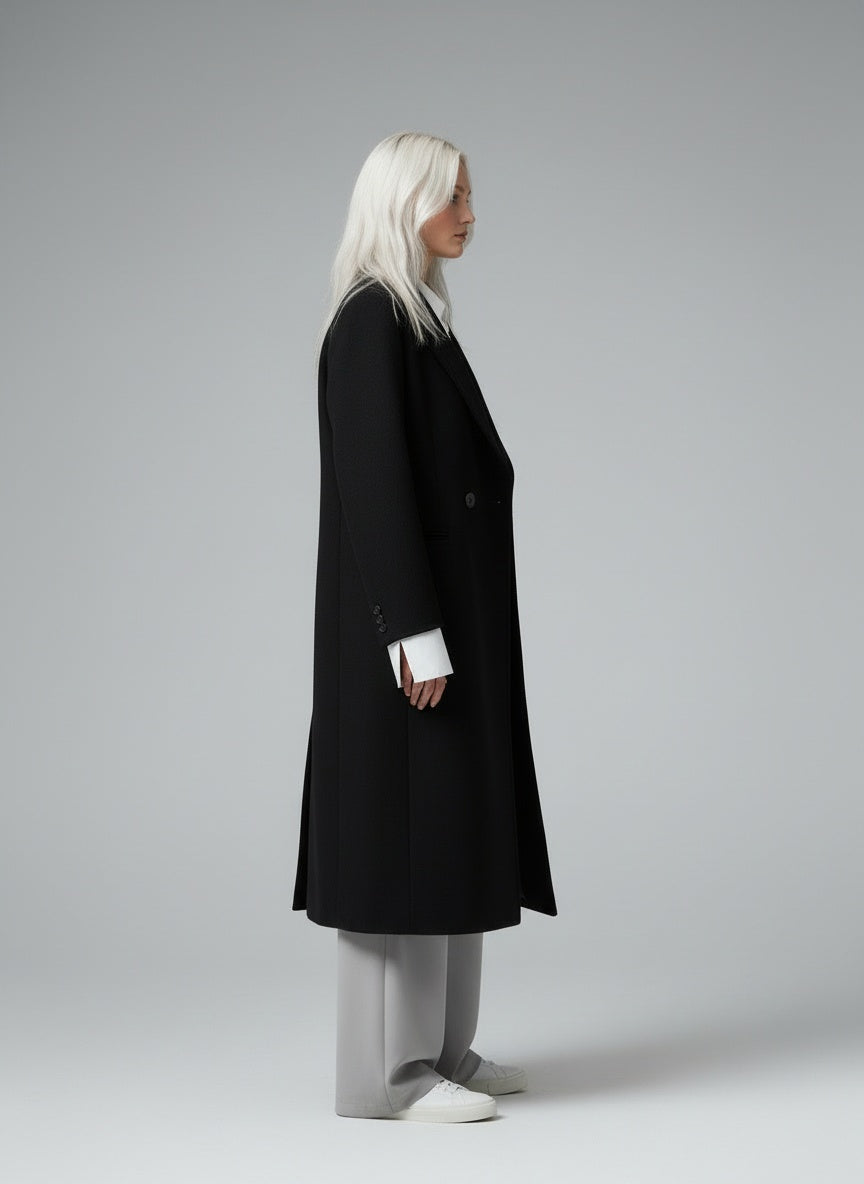 Side profile of the model wearing Clara™ | Zeitloser Premium-Mantel