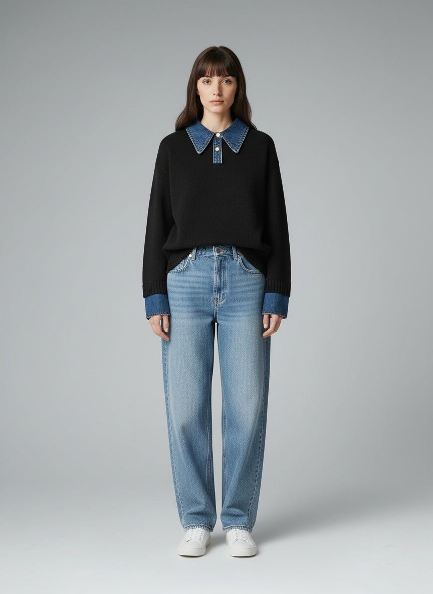 Full body view of the model wearing 2 in 1 Panel Revers-Pullover