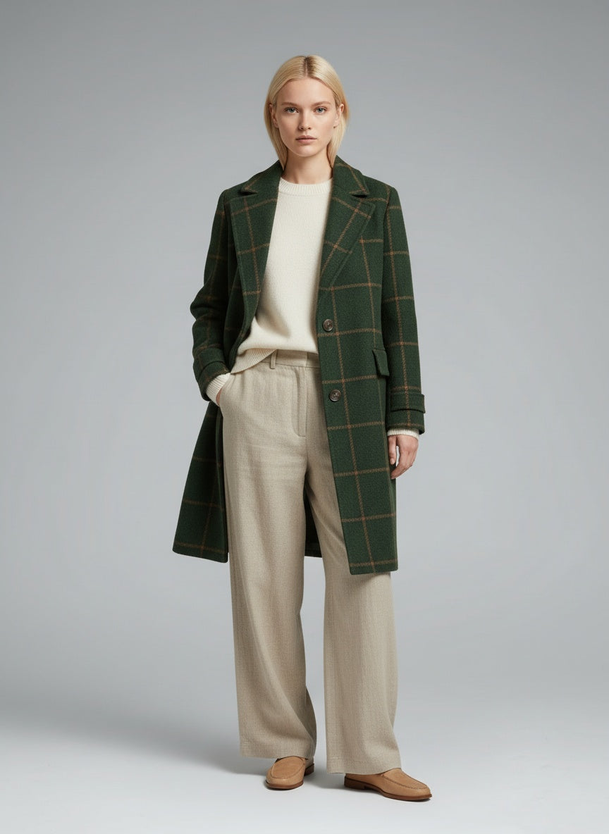 Full body view of the model wearing Fiona – Klassischer Karomantel