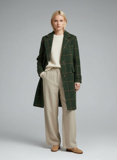 Full body view of the model wearing Fiona – Klassischer Karomantel