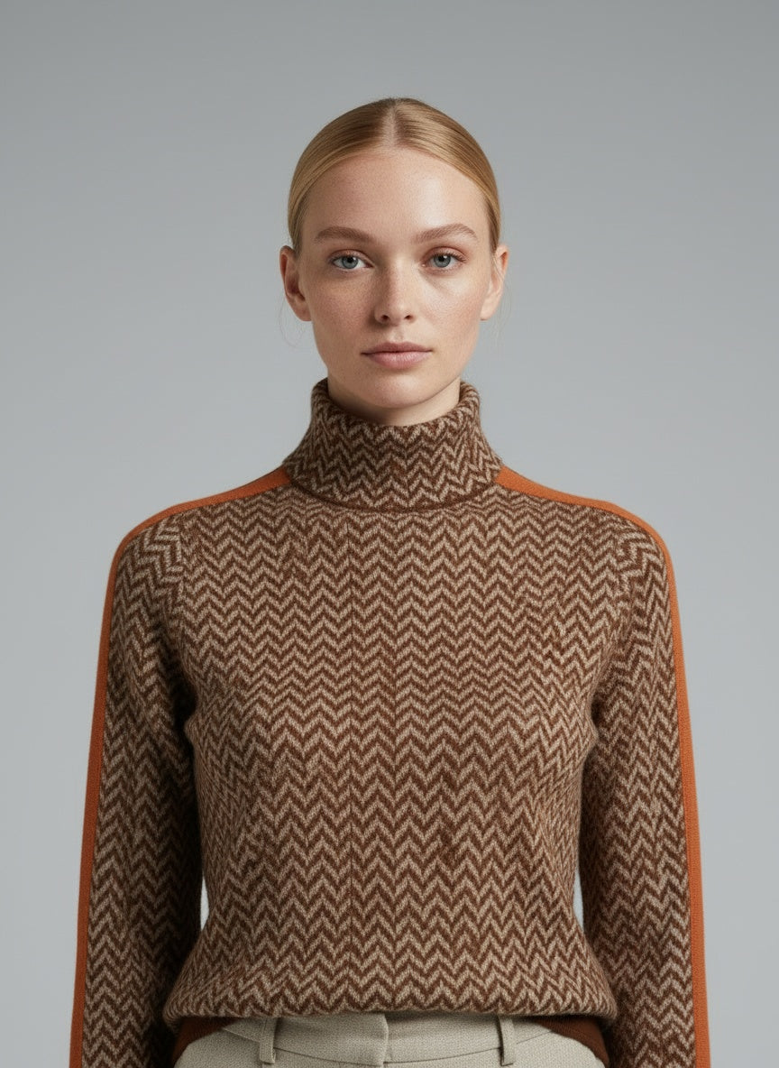 Close-up of the model wearing Elina™ | Pullover mit Stehkragen & markanten Kontraststreifen