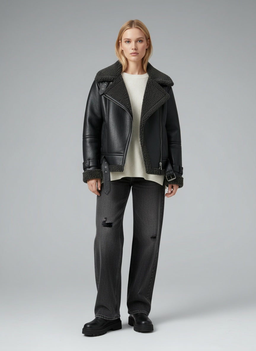 Full body view of the model wearing Pina Lederjacke